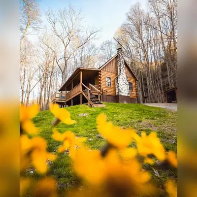 a log cabin in the woods with yellow flowers in the foreground at Pine Creek - by The Chalets in South Bloomingville