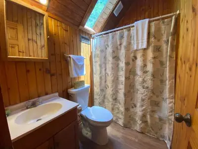 a bathroom with a toilet and a shower curtain at Timber Ridge - by The Chalets in South Bloomingville