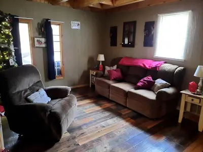 a living room with two couches and a christmas tree at Secluded Cabin Rental, Perfect for an Ohio Retreat in Scio