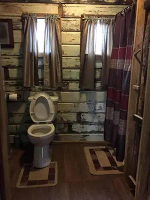 a bathroom with a toilet in a log cabin at Rustic Octagon-Shaped Cabin for a Glamping Getaway near Huntington, West Virginia in Genoa