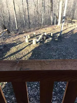 a wooden bench sitting in the middle of a park at Authentic Stunning Cabin Rental with Private Jacuzzi near Huntington, West Virginia in Genoa