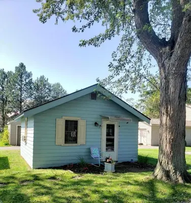 a blue house with a tree in front of it at Rustic Lakeside Vacation Rental with Beach Access in Vermilion, Ohio in Vermilion