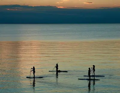 four people on paddle boards in the water at sunset at Charming Beach Cottage Along Lake Erie near Cleveland, Ohio in Vermilion