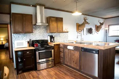 a kitchen with a sink and a stove top oven at Rustic Cabin in the Countryside near Muskingum River State Park, Ohio in McConnelsville