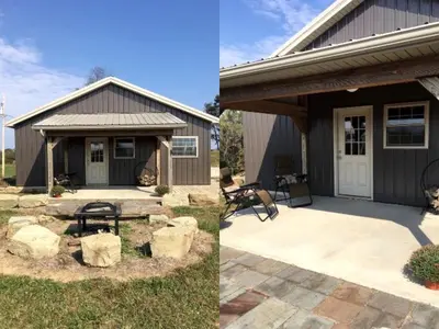 two pictures of a house with a patio at Rustic Cabin in the Countryside near Muskingum River State Park, Ohio in McConnelsville
