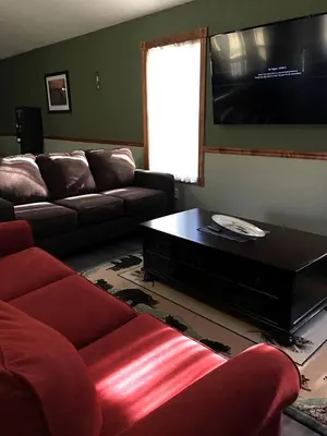 a living room with a couch and a flat screen tv at Gorgeous Vacation Cabin for Groups with Stylish Interior near Huntington, West Virginia in Genoa