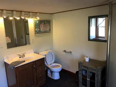 a bathroom with a toilet and a sink at Gorgeous Vacation Cabin for Groups with Stylish Interior near Huntington, West Virginia in Genoa