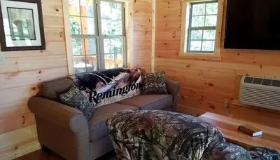 a living room with a couch and a television at Cozy Family-Friendly Cabin with Private Outdoor Jacuzzi near Huntington, West Virginia in Genoa