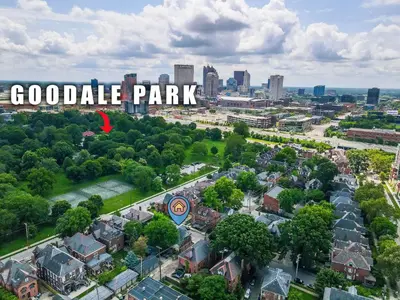 an aerial view of a city with a sign that reads google park at Cozy Condo On Collins- Walk to High St /Dtown /OSU in Columbus