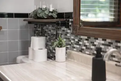 a kitchen counter with a sink and a plant at Sideline Sanctuary: Cozy Nights, Game Day Lights in Canton