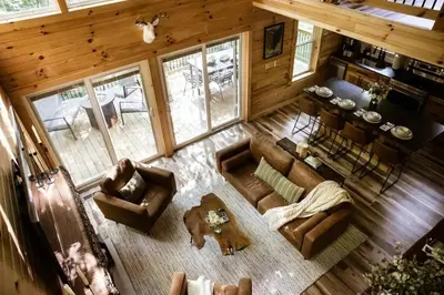 an overhead view of a living room and dining room at Middlefork Ridge Entire Property in Laurelville