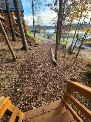 a wooden bench in a park with trees and leaves at Sweet Tree Cabin with Grill Overlooking Tappan Lake in Ohio in Deersville