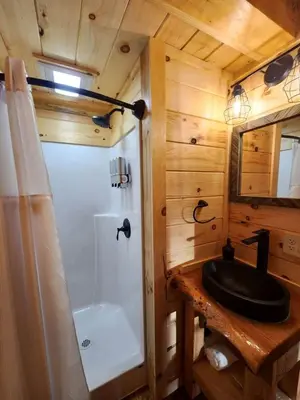 a bathroom with a shower and a sink and a toilet at Sweet Tree Cabin with Grill Overlooking Tappan Lake in Ohio in Deersville