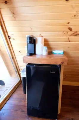 a small black refrigerator in a tiny house at Lovely Rural Cabin Nestled Among Nature by Tappan Lake in Ohio in Deersville