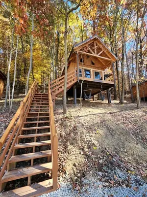 a tree house with a staircase leading up to it at Lofted Cabin Wonderful for Outdoor Adventures near Tappan Lake in Ohio in Deersville