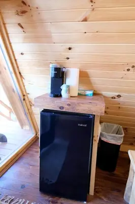 a black refrigerator in a room with a wooden wall at Romantic A-frame Cabin Ideal for Two by Tappan Lake in Ohio in Deersville