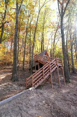 a wooden cabin in the middle of a forest at Cozy Tree Cabin with Wonderful Views from the Deck by Tappan Lake in Ohio in Deersville