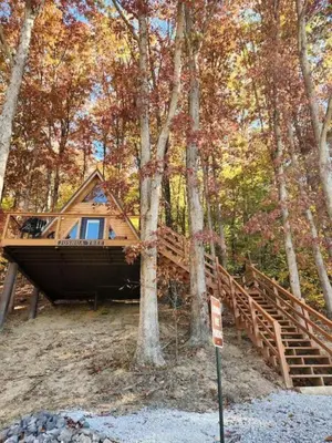 a tree house in the woods with a staircase at Rustic Tree A-Frame with Original Design by Tappan Lake in Ohio in Deersville
