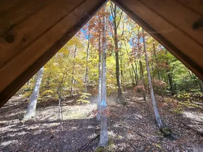 a view from the inside of a tent in the woods at Rustic Tree A-Frame with Original Design by Tappan Lake in Ohio in Deersville
