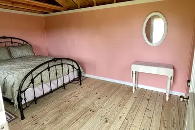 a bedroom with pink walls and a bed and a mirror at Cozy Cabin Surrounded by Fields and Woods in Oberlin, Ohio in Oberlin
