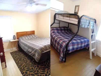 two pictures of a bedroom with a bunk bed and a rug at Enchanting Cottage Rental in Marblehead, Ohio in Marblehead