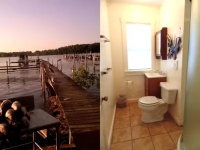 a bathroom with a toilet and a dock at Enchanting Cottage Rental in Marblehead, Ohio in Marblehead