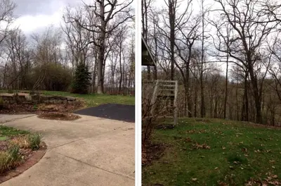 two pictures of a park with a ladder in the grass at Peaceful Cabin Getaway Overlooking Tuscarawas River Valley in New Philadelphia, Ohio in New Philadelphia