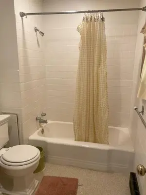 a bathroom with a shower curtain and a toilet at Peaceful Cabin Getaway Overlooking Tuscarawas River Valley in New Philadelphia, Ohio in New Philadelphia