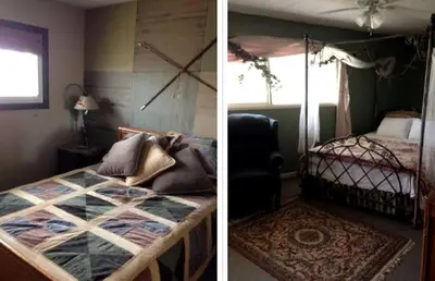 two pictures of a bedroom with a bed and a window at Peaceful Cabin Getaway Overlooking Tuscarawas River Valley in New Philadelphia, Ohio in New Philadelphia