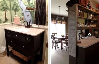 two pictures of a kitchen with a sink and a dining room at Peaceful Cabin Getaway Overlooking Tuscarawas River Valley in New Philadelphia, Ohio in New Philadelphia