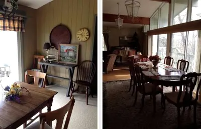 two pictures of a dining room and a dining table at Peaceful Cabin Getaway Overlooking Tuscarawas River Valley in New Philadelphia, Ohio in New Philadelphia