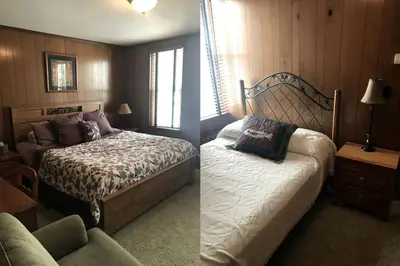 two pictures of a bedroom with a bed and a couch at Secluded 1800's Farmhouse Rental Minutes from Cedar Point, Ohio in Sandusky
