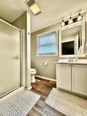 a bathroom with a shower and a sink and a toilet at Hawks Nest in Marion
