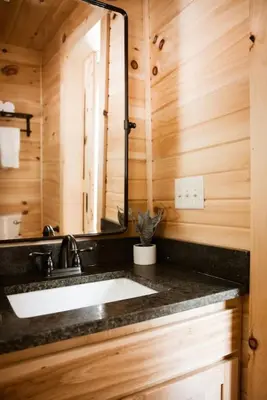 a bathroom with a sink and a mirror at The Acorn at Middlefork Ridge in Laurelville