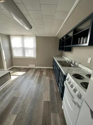 an empty kitchen with a stove and a sink at Off The Hook Vacation Rentals in Put-in-Bay