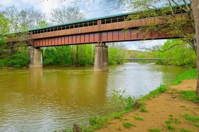 a train on a bridge over a river at Cabin with Trail Access to Mohican River in Brinkhaven