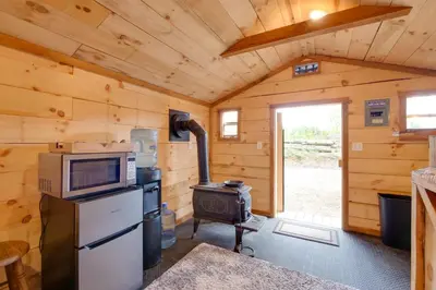 a kitchen with a stove in a wooden cabin at On-Site Trails to Mohican River Tiny Home Retreat in Brinkhaven