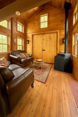 a living room with a couch and a stove at Magical Family Tree House in Secluded Woodland near Germantown, Kentucky in Germantown