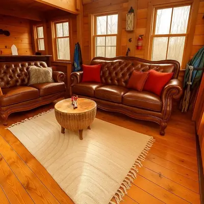 a living room with two leather couches and a coffee table at Magical Family Tree House in Secluded Woodland near Germantown, Kentucky in Germantown