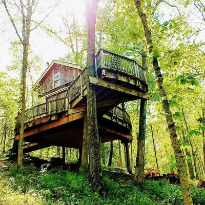 a tree house in the middle of the forest at Magical Family Tree House in Secluded Woodland near Germantown, Kentucky in Germantown