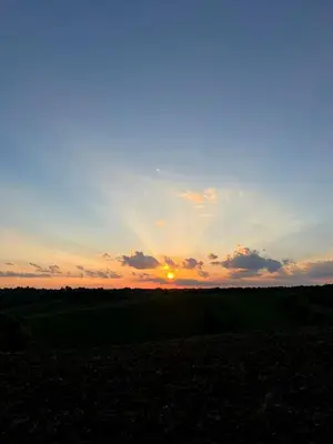 a sunset in a field with the sun in the sky at Enchanting Tree House with a Slide on 200 Acres for a Family Adventure in Germantown, Kentucky in Germantown