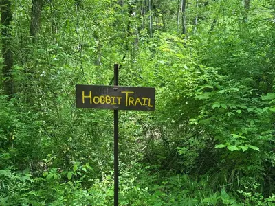 a street sign in the middle of a forest at Stunning Tree House Tucked Away Among the Trees near Germantown, Kentucky in Germantown