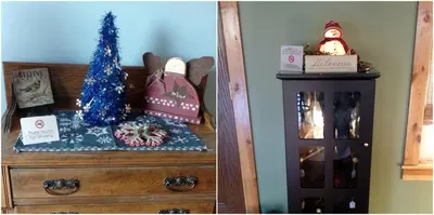 a dresser with a christmas tree on top of it at Woodland Cottage Rental Perfect for Couples Overlooking Raccoon Creek in Ohio in Bidwell