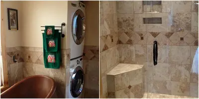 a bathroom with a shower and a washing machine at Woodland Cottage Rental Perfect for Couples Overlooking Raccoon Creek in Ohio in Bidwell