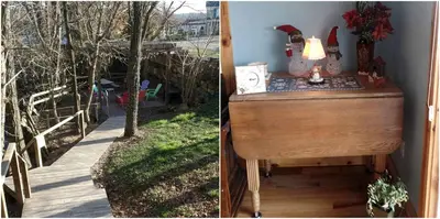 a desk with a lamp on it next to a garden at Woodland Cottage Rental Perfect for Couples Overlooking Raccoon Creek in Ohio in Bidwell