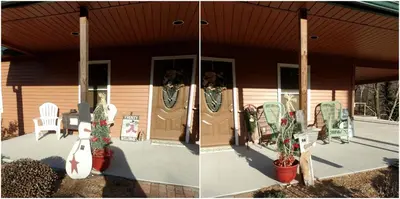 two pictures of a house with a front door and chairs at Woodland Cottage Rental Perfect for Couples Overlooking Raccoon Creek in Ohio in Bidwell