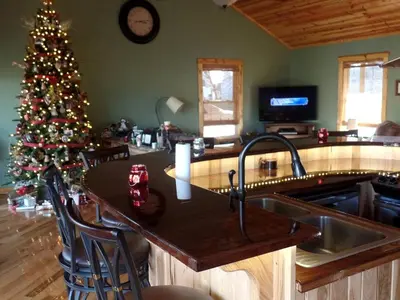 a kitchen with a christmas tree and a sink at Woodland Cottage Rental Perfect for Couples Overlooking Raccoon Creek in Ohio in Bidwell