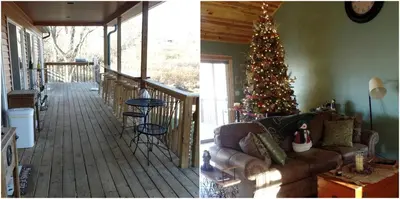 a living room with a christmas tree on a porch at Woodland Cottage Rental Perfect for Couples Overlooking Raccoon Creek in Ohio in Bidwell