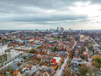 an aerial view of a city with buildings at Steps 2 High ST - BIG Patio - Private parking- OSU in Columbus