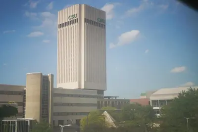 a tall building with a cazon sign on it at Delightful Downtown Free parking in Cleveland